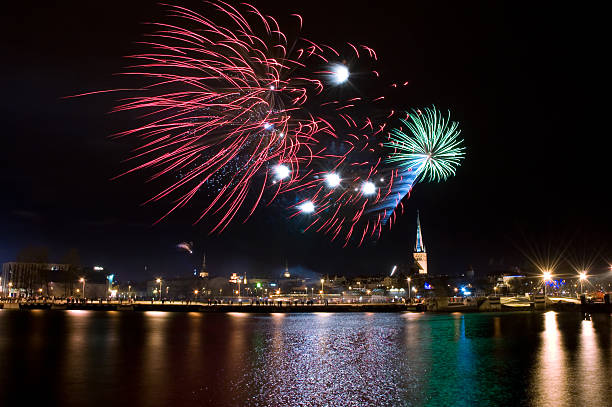 Tallinn at night with fireworks stock photo