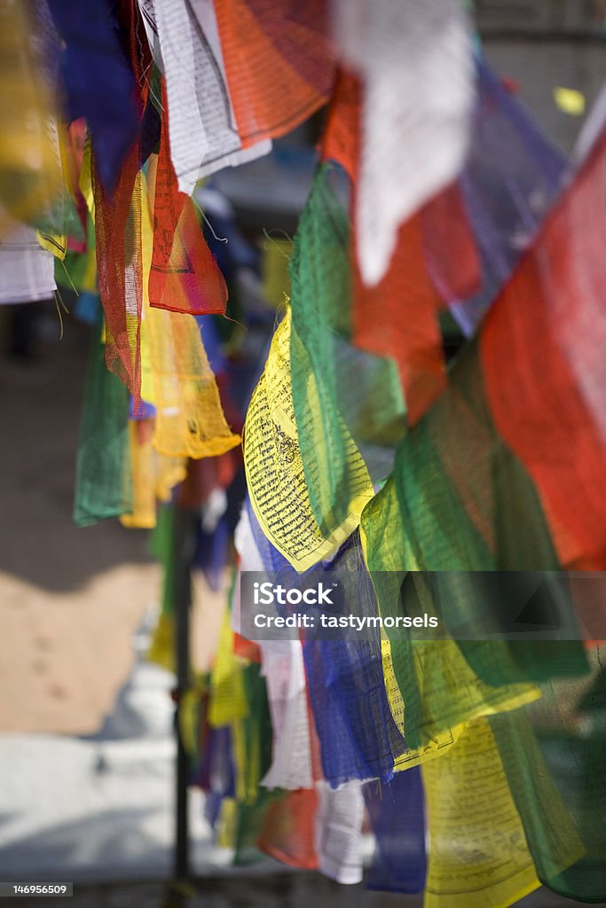 Buddhist prayer flags at Bhouda Buddhist prayer flags found on the stupa at Bhouda. Abundance Stock Photo