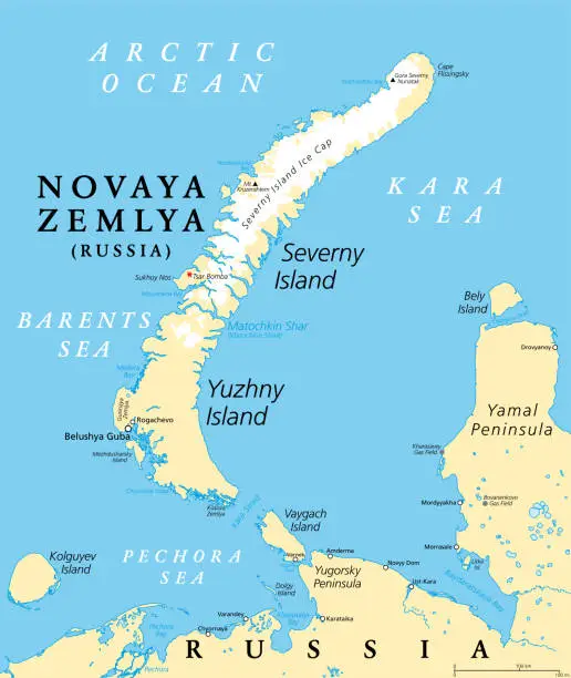 Vector illustration of Novaya Zemlya, archipelago in northern Russia, political map