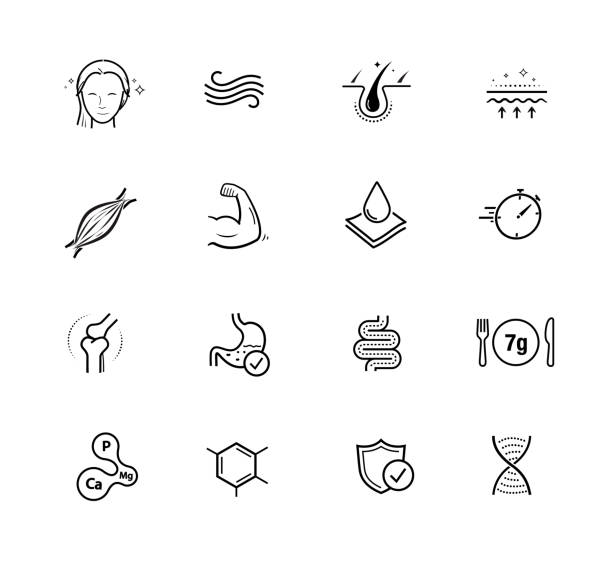 Vitality icon set for human-improving products. The outline icons are well scalable and editable. Contrasting elements are good for different backgrounds. EPS10. vitamin a nutrient stock illustrations