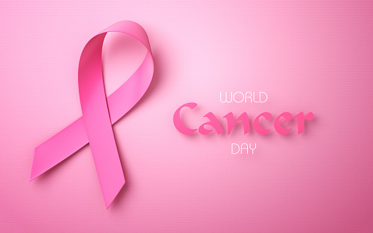 3d Render World Cancer Day Awareness Pink Strip is folded, sitting on the pink gradient ground, It can be used for important days such as awareness, mourning, grief, cancer