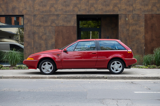 Warsaw, Poland - 19th August, 2021: Classic Volvo 480 on a street. The Volvo 480 is a sporty compact car that was produced in Born, Netherlands, by Volvo from 1986 to 1995.