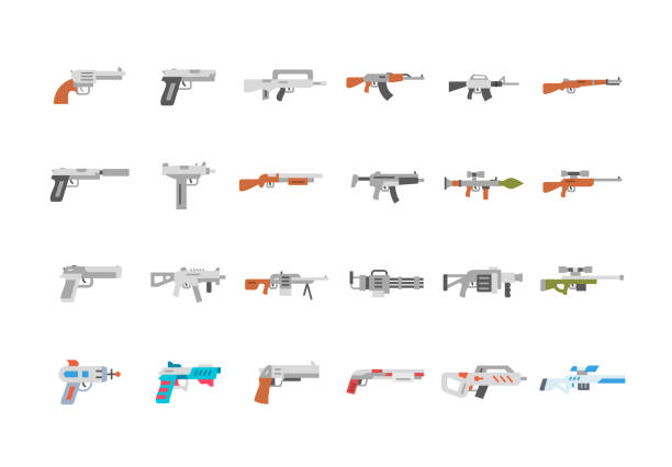 Weapon Icon Set. Flat Design. Weapon Icon Set. Flat Design. Vector illustration. uzi submachine gun stock illustrations