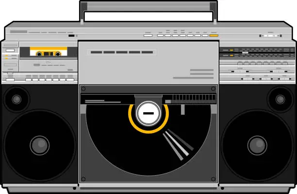 Vector illustration of Vector image of a classic Boombox or Ghetto Blaster. Inspired by the Sharp VZ-2500 Linear Tracking Turntable portable stereo model in black and yellow