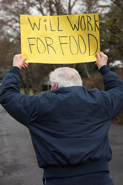 istock Senior retired man begging for work with sign 146959175