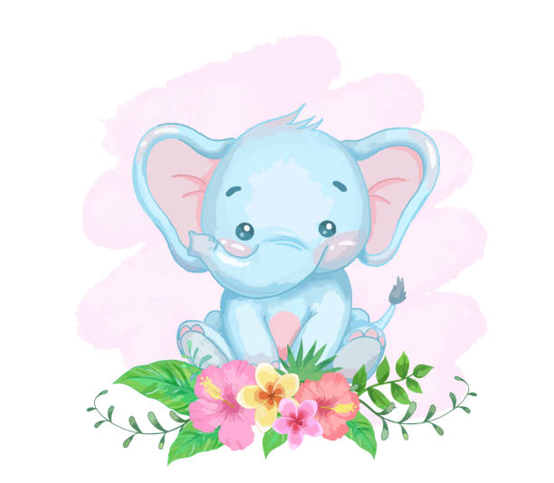 elefant mit blumen.  aquarellmalerei. vektorillustration. - baby toddler child flower stock-grafiken, -clipart, -cartoons und -symbole