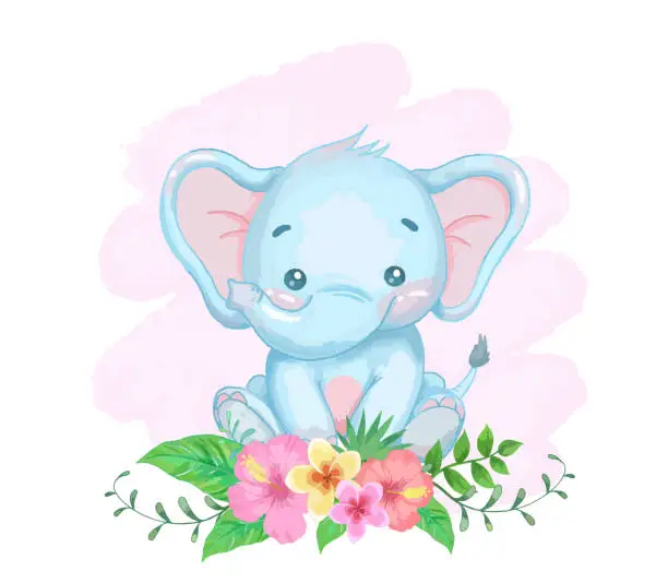 Vector illustration of elephant with flowers.  watercolor painting. vector illustration.