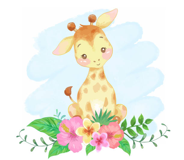 Baby giraffe with tropical flowers vector illustration. watercolor painting. Baby giraffe with tropical flowers vector illustration. watercolor painting. giraffe calf stock illustrations