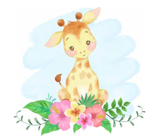 Vector illustration of Baby giraffe with tropical flowers vector illustration. watercolor painting.