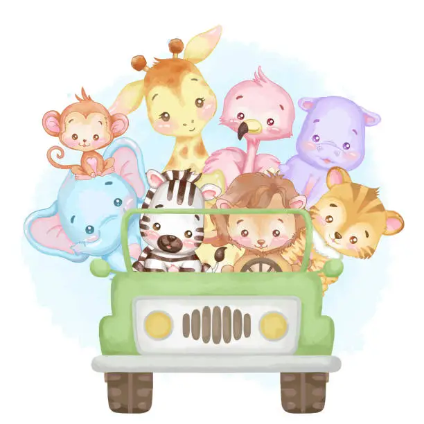 Vector illustration of Cute African baby animals in a green car. Watercolor, vector illustration.
