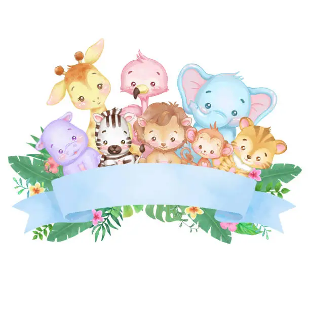 Vector illustration of Cute animals with blank blue ribbon banner. Watercolor and vector illustration.