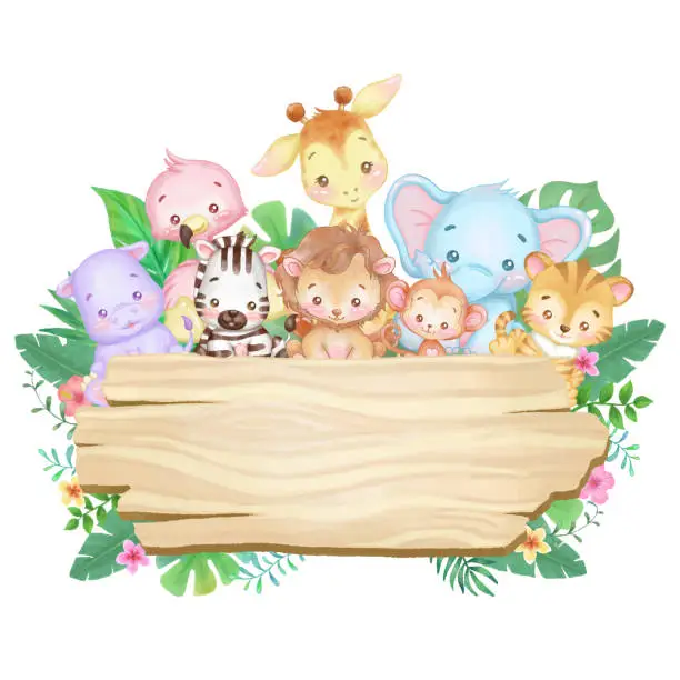 Vector illustration of Cute baby animals on a  blank wood board. Watercolor and vector illustration.