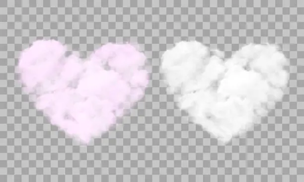 Vector illustration of Realistic transparent white and pink heart shaped clouds. Vector illustration