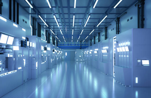 istock Blue futuristic semiconductor manufacturing factory or laboratory interior with machine and computer screen 1469602464
