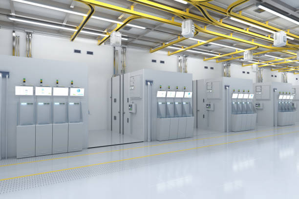 istock White futuristic semiconductor manufacturing factory or laboratory interior with machine and computer screen 1469602465