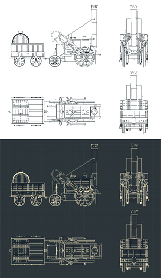 Stylized vector illustrations of blueprints of Robert Stephenson`s Rocket steam locomotive, created in 1829
