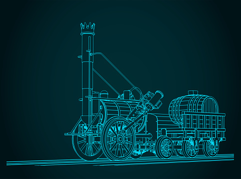 Stylized vector illustration of Robert Stephenson`s Rocket steam locomotive, created in 1829
