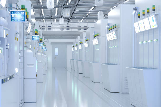 istock White futuristic semiconductor manufacturing factory or laboratory interior with machine and computer screen 1469602472