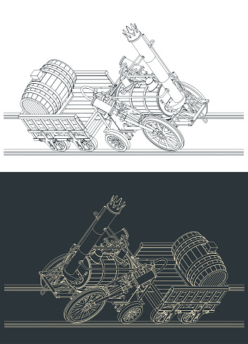 Stylized vector illustrations of Robert Stephenson`s Rocket steam locomotive, created in 1829