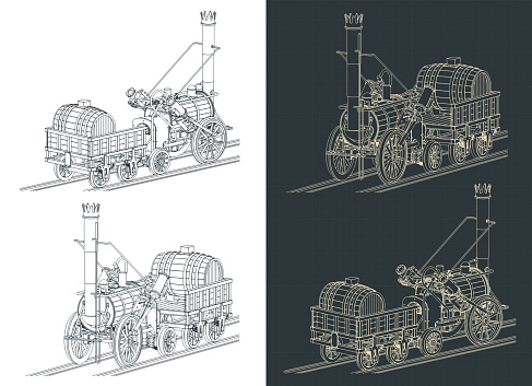Stylized vector illustrations of Robert Stephenson`s Rocket steam locomotive, created in 1829