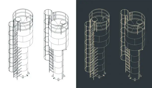 Vector illustration of Water tank isometric blueprints