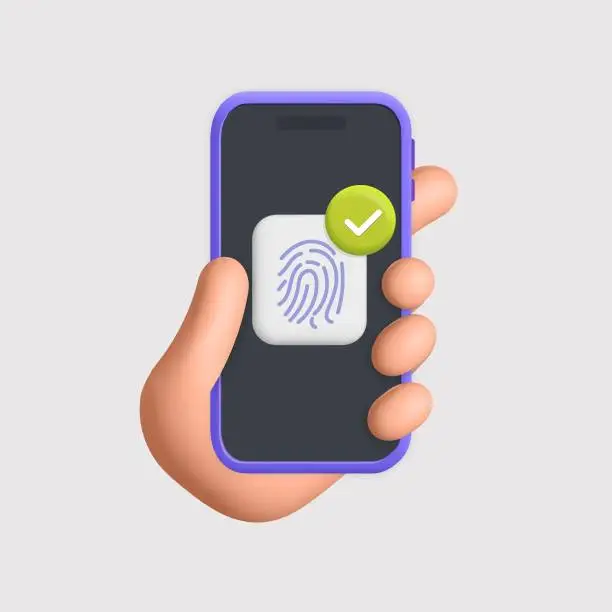 Vector illustration of 3d vector hand holds Smartphone with security unlocked via fingerprint on screen device done notification design
