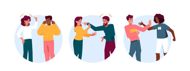 Couple Quarrel Isolated Round Icons or Avatars. Partners Shout on Each Other, Anxious Male and Female Tense vector art illustration