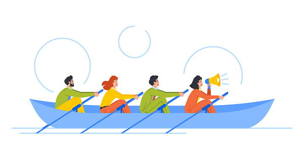 People Rowing Together in Boat. Concept of Growth, Renewal And Development. Characters Continuously Growing And Reach New Heights And Achieve Greater Goal or Success. Cartoon Vector Illustration