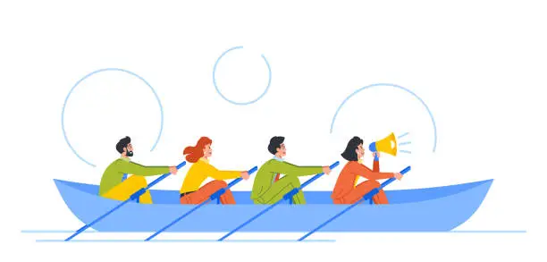 Vector illustration of People Rowing Together In Boat. Concept Of Growth, Renewal And Development. Characters Continuously Growing