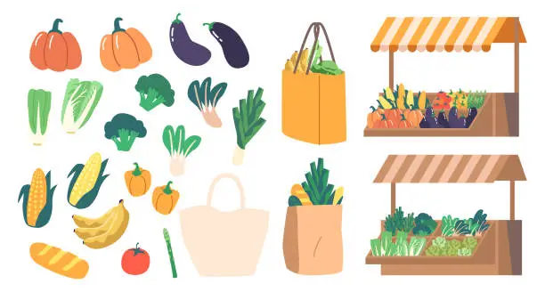 Vector illustration of Food Market Stalls Are Overflowing With Fresh Fruits And Vegetables. Outdoor Vendor Setting Showcasing Healthy Eating