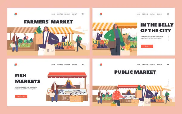 Vector illustration of Public Market Landing Page Template Set. Crowded Food Fair With People Shopping For Fresh Products Vector Illustration
