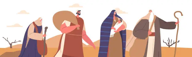 Vector illustration of Moses Character Guides Israelites Through Desert Background With Sand Dunes. Man With Raised Staff In Hand Guides People