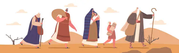 Vector illustration of Moses Guides Israelites Through Desert, Character With Raised Staff In Hand Leads People To Promised Land Illustration