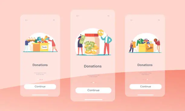 Vector illustration of Donations Mobile App Page Onboard Screen Template. Tiny People Filling Cardboard Box with Clothes, Food and Money