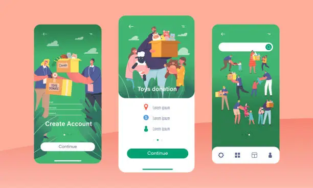 Vector illustration of Toys Donations Mobile App Page Onboard Screen Template. Volunteers Giving Toys to Orphan Kids Vector Illustration