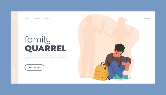 Family Quarrel Landing Page Template. Parents Disagreement Leaves Child Feeling Distraught. Marital Strife, Emotional Turmoil Concept with Sad Boy Sitting On Floor. Cartoon People Vector Illustration