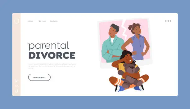 Vector illustration of Parental Divorce Landing Page Template. Upset Child Caught In Middle Of Parents Marital Dispute. Family Drama