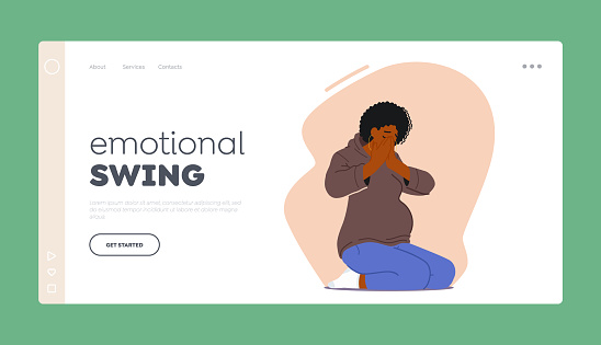 Emotional Swing Landing Page Template. Pregnant Woman Crying Sitting on Floor. Sad Female Character in Vulnerable State Shedding Tears. Emotional Experience Of Pregnancy. Cartoon Vector Illustration