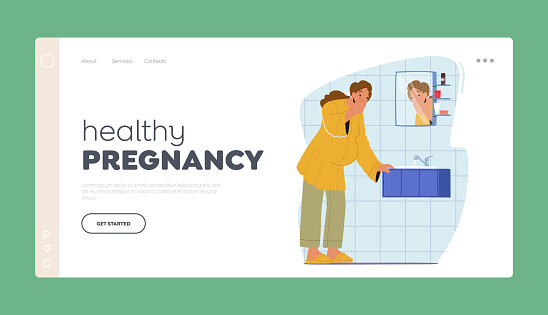 Healthy Pregnancy Landing Page Template. Pregnant Woman Experiencing Nausea and Intense Feeling Of Discomfort Caused By Morning Sickness Standing In Bathroom. Cartoon People Vector Illustration