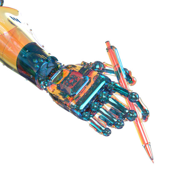 istock Ai art generator with robot writing assistant or essay generator hand hold pen 1469604391