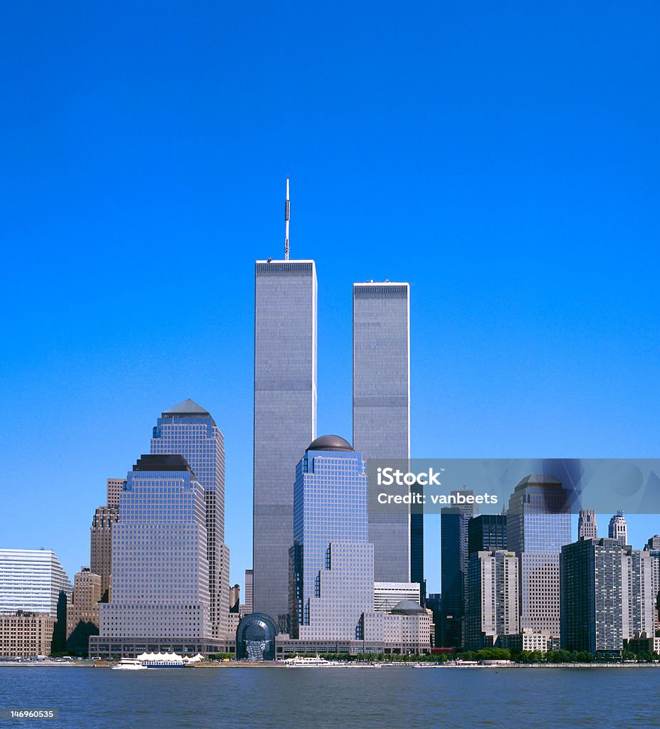 NYC Skyline With The Twin Towers The NYC skyline with the World Trade Center seen from NJ Twin Towers - Manhattan Stock Photo