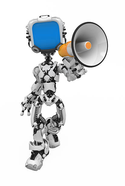 ecrã azul robô, megafone - announcement message robot public speaker message imagens e fotografias de stock