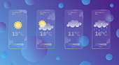 istock Set of 3d glassmorphism weather forecast app template Interface design kit. Day meteo icons on dark blue gradient background Season collections smartphone glass morphism screen Vector illustrations 1469613766