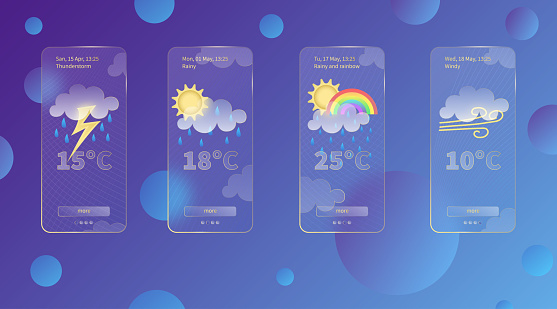 Set of 3d glassmorphism weather forecast app template Interface design kit. Day meteo icons on dark blue gradient background Season collections smartphone glass morphism screen Vector illustrations.