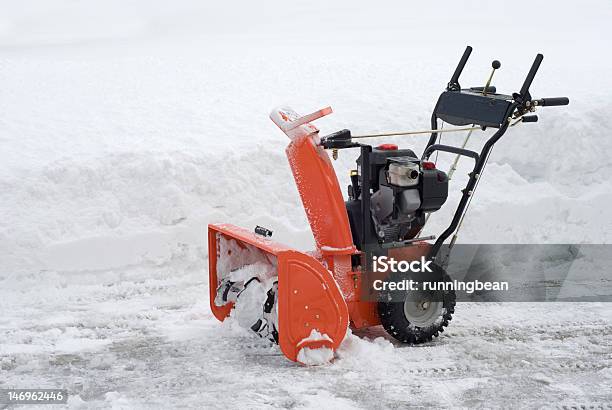 Red Snowblower On A Road Beside White Snow Stock Photo - Download Image Now - Snowblower, Snow, Orange Color