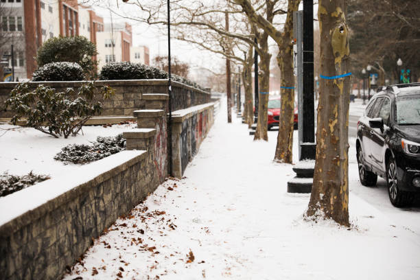city streets during winter during snow fall urban