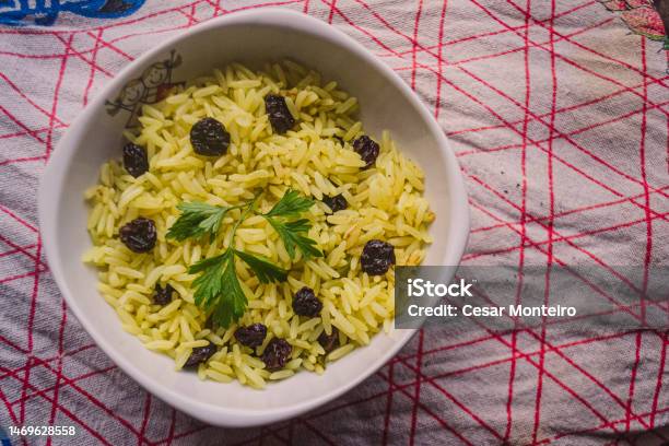 Saffron Rice And Dried Fruit Stock Photo - Download Image Now - Bowl, Brazil, Close-up