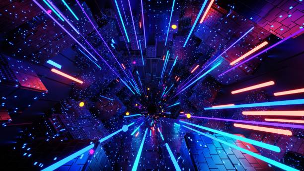 3d technology abstract neon light background, empty space scene, spotlight, dark night, virtual reality, cyber futuristic sci-fi background, street floor studio for mock up. colored geometric. - eğlence oyunları stok fotoğraflar ve resimler