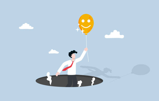 Changing mindset to be more positive for better life, reframing negative thought, optimistic concept, Businessman flying out of hole by using smiley face balloon. Changing mindset to be more positive for better life, reframing negative thought, optimistic concept, Businessman flying out of hole by using smiley face balloon. flexible adaptable stock illustrations