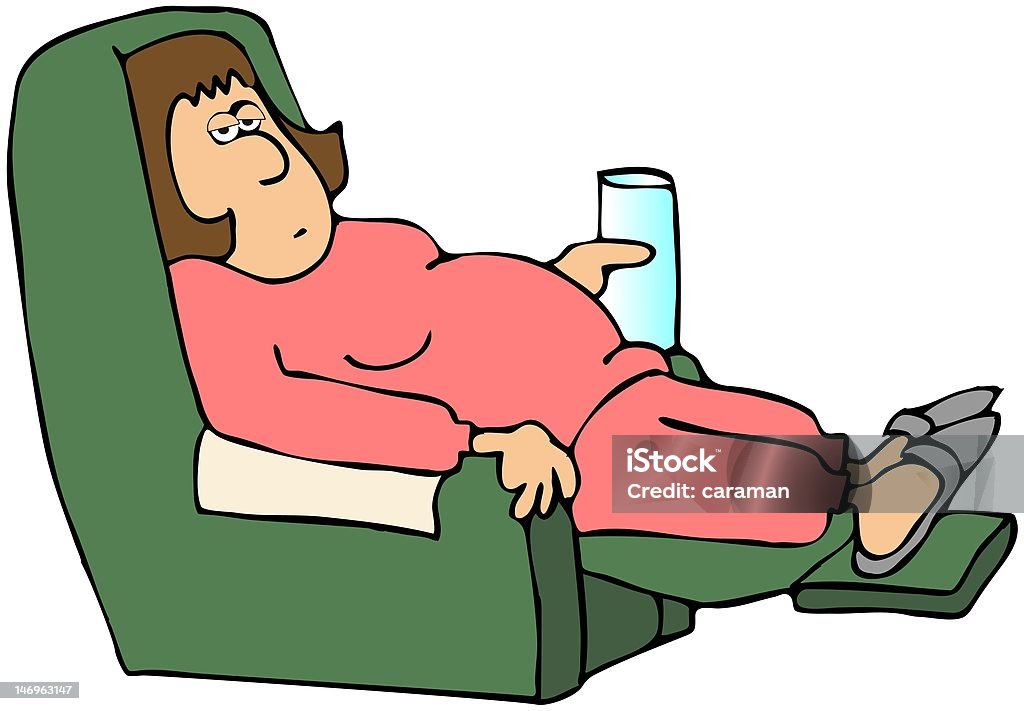 Tired Housewife This illustration depicts a tired woman in sweats sitting in a recliner. Adult stock illustration